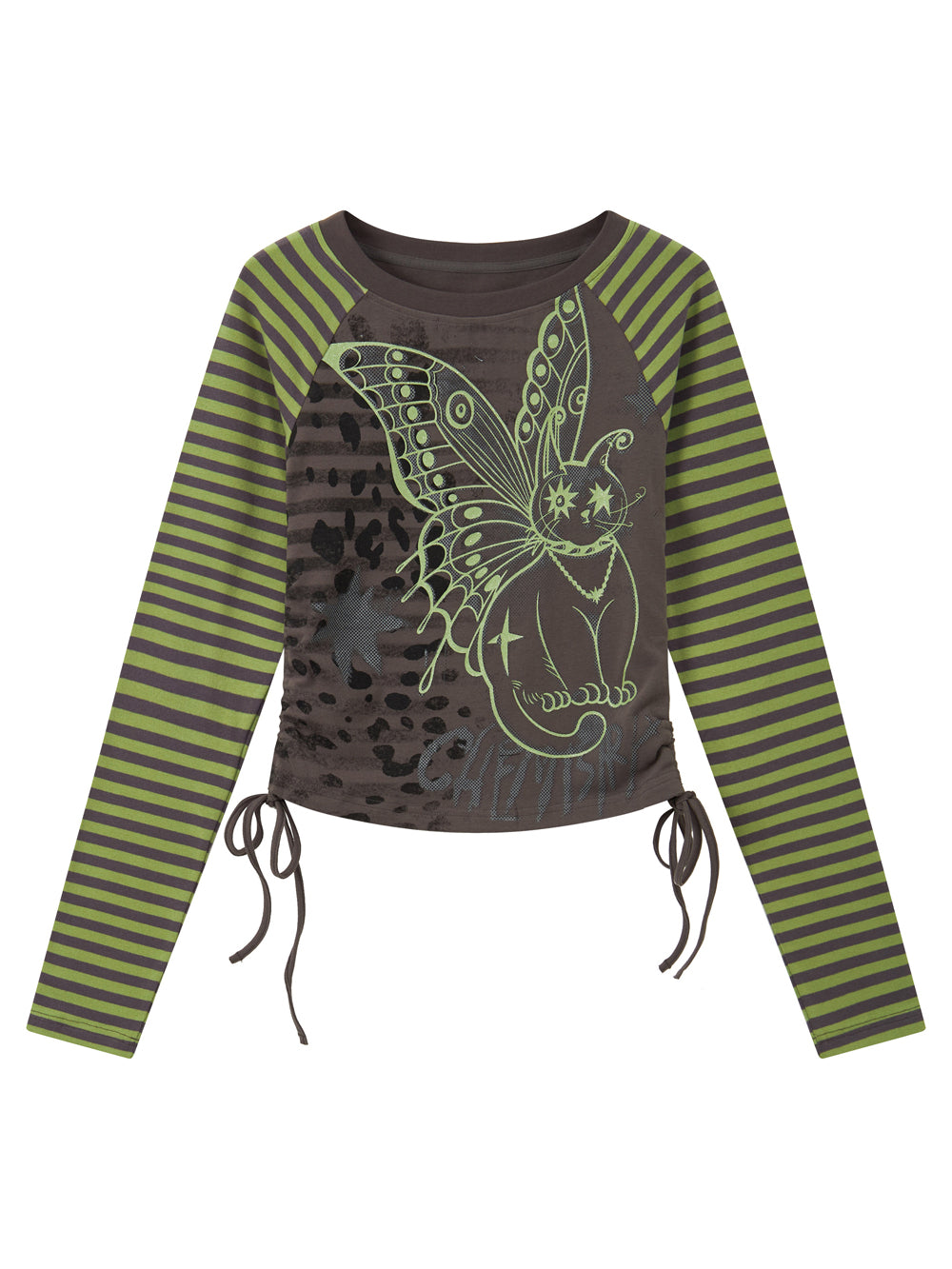 Winged Cat Graphic Striped Raglan Ruched Long Sleeve Top