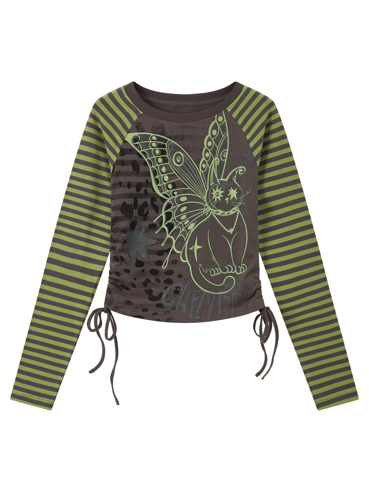 Winged Cat Graphic Striped Raglan Ruched Long Sleeve Top