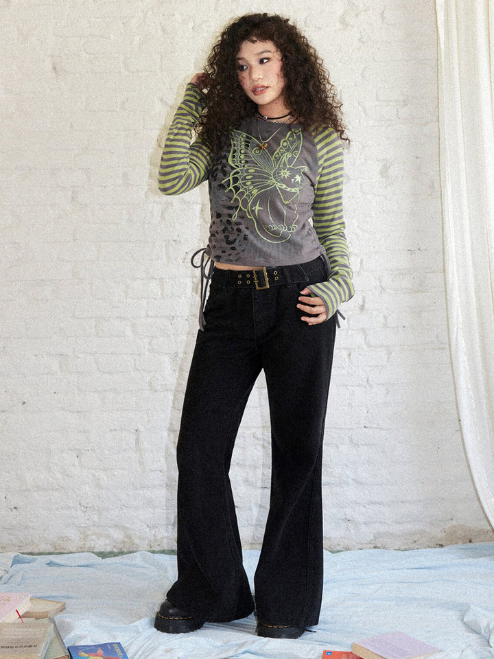 Winged Cat Graphic Striped Raglan Ruched Long Sleeve Top