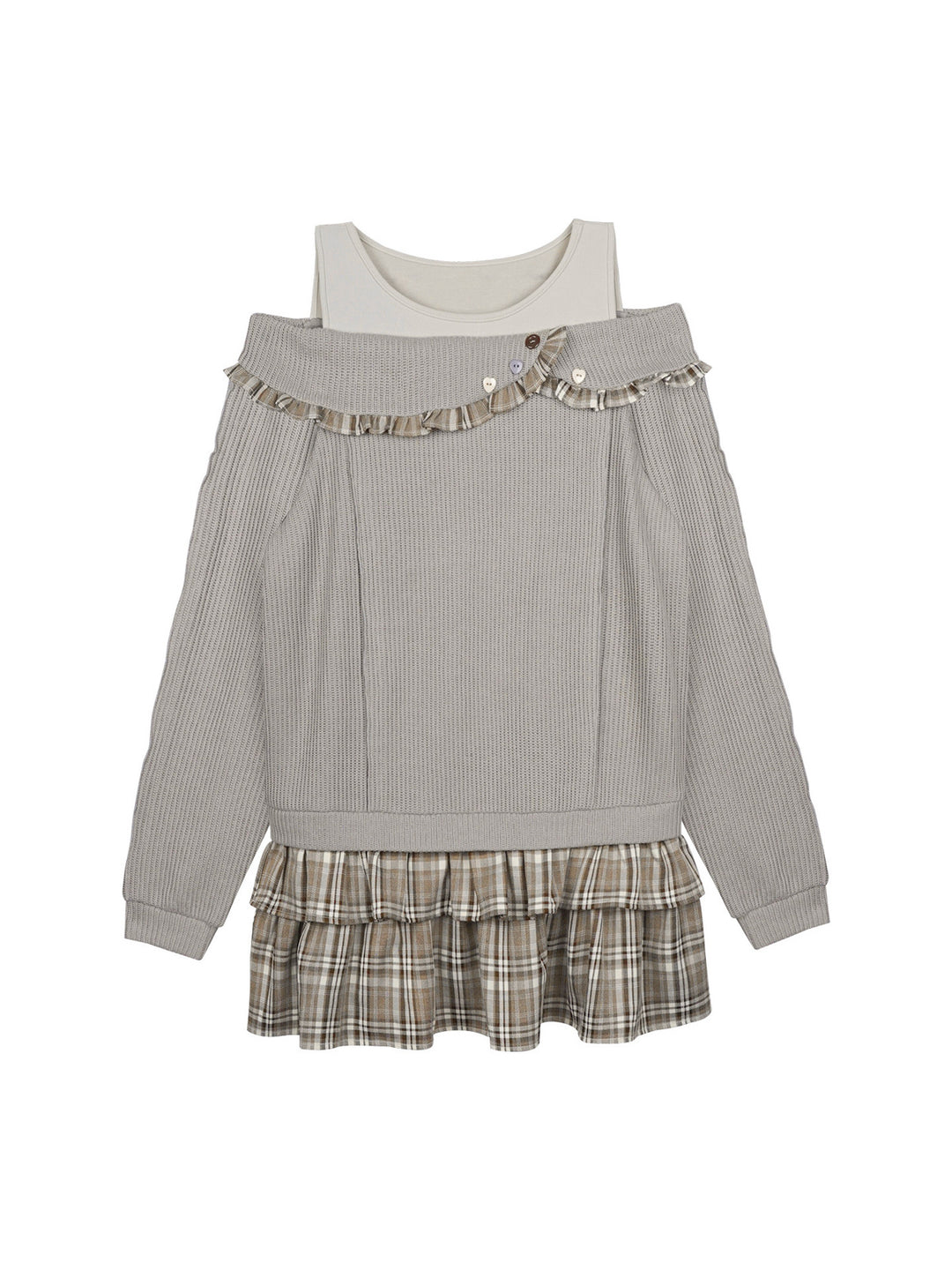 Plaid-Trim Layered Knit Mini Dress