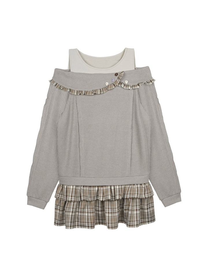 Plaid-Trim Layered Knit Mini Dress