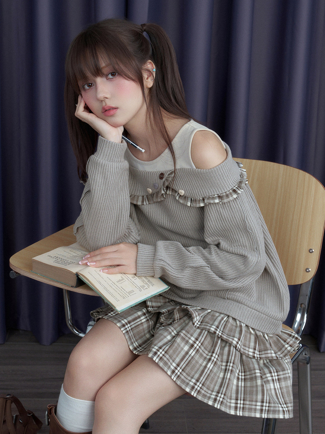 Plaid-Trim Layered Knit Mini Dress