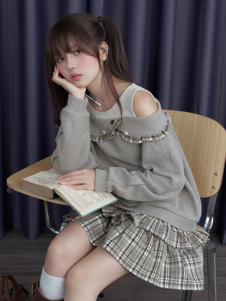 Plaid-Trim Layered Knit Mini Dress