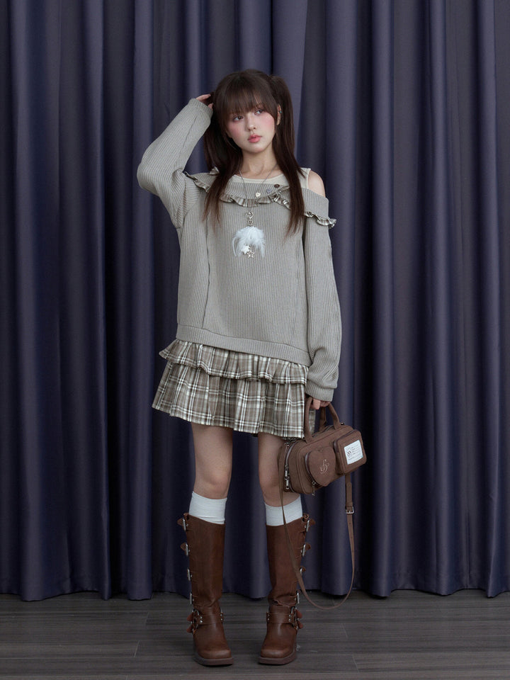 Plaid-Trim Layered Knit Mini Dress