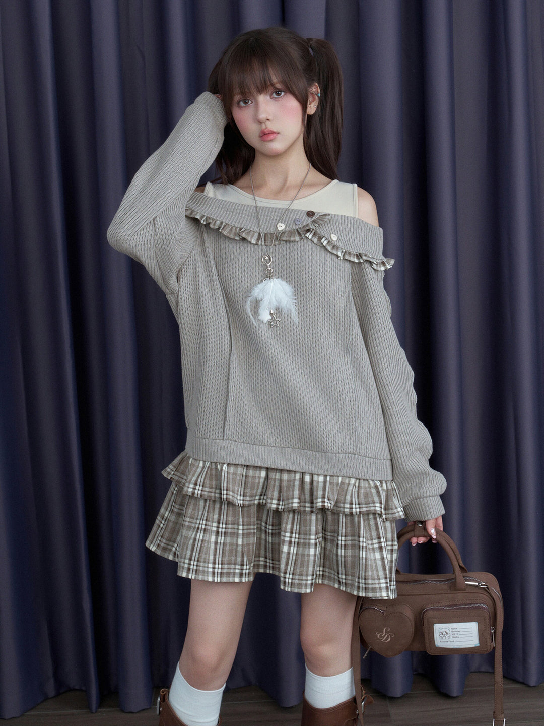 Plaid-Trim Layered Knit Mini Dress