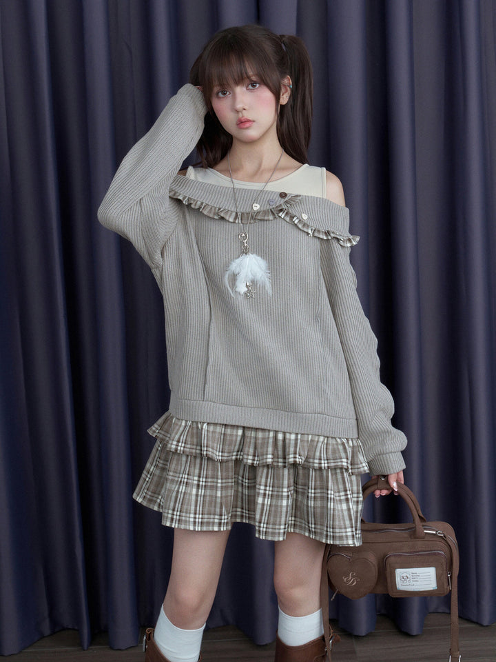 Plaid-Trim Layered Knit Mini Dress