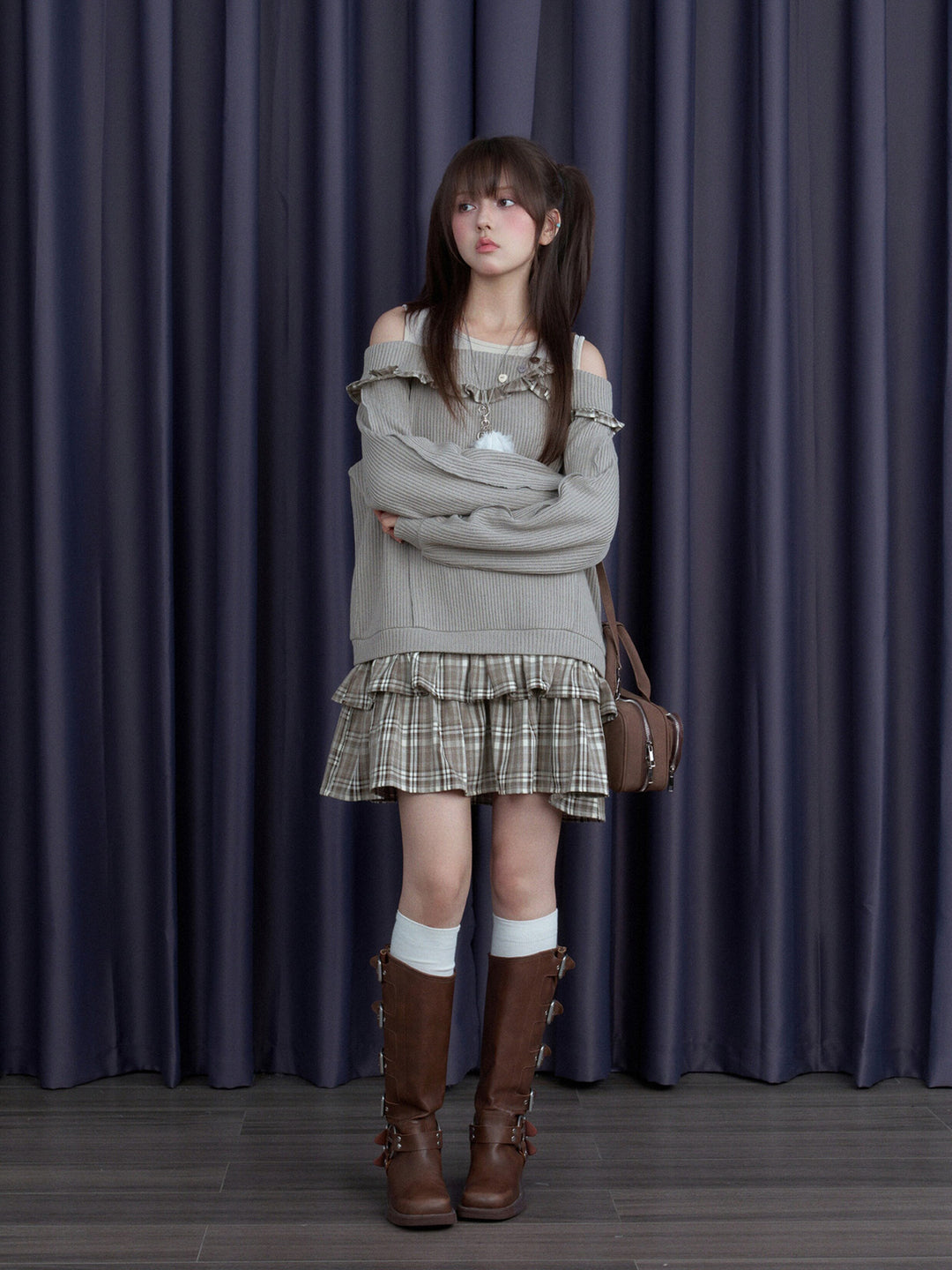 Plaid-Trim Layered Knit Mini Dress