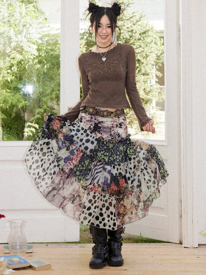 Butterfly Beaded Open-Knit Long Sleeve Top