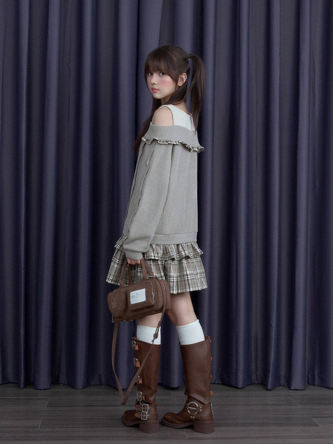 Plaid-Trim Layered Knit Mini Dress