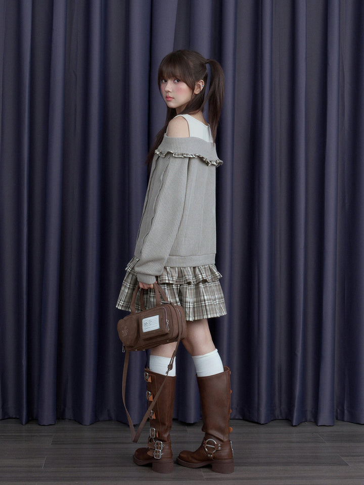 Plaid-Trim Layered Knit Mini Dress