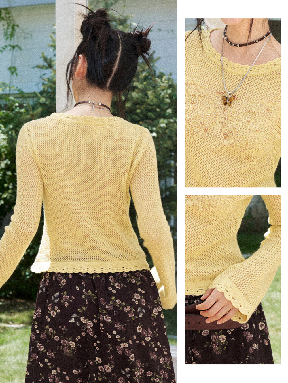 Butterfly Beaded Open-Knit Long Sleeve Top