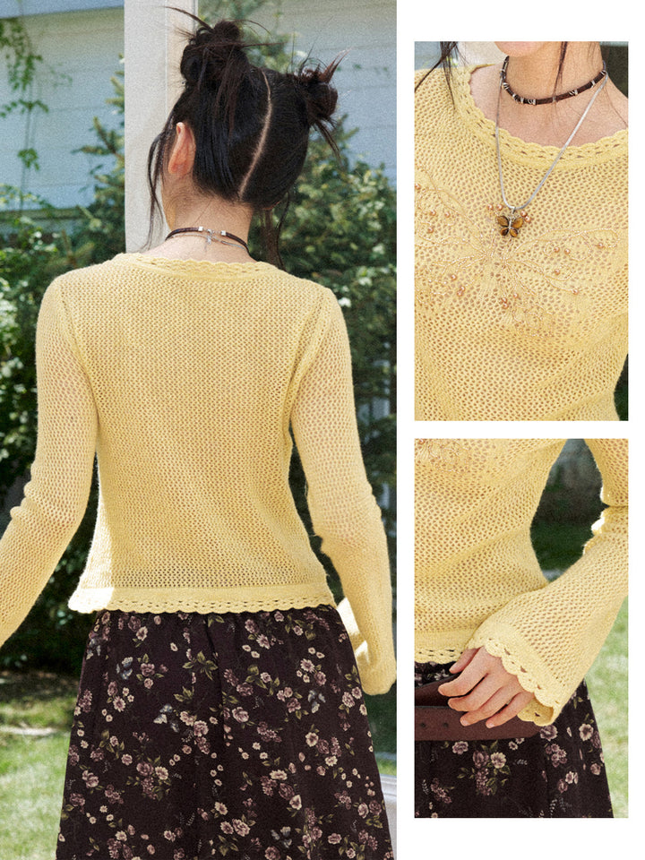 Butterfly Beaded Open-Knit Long Sleeve Top