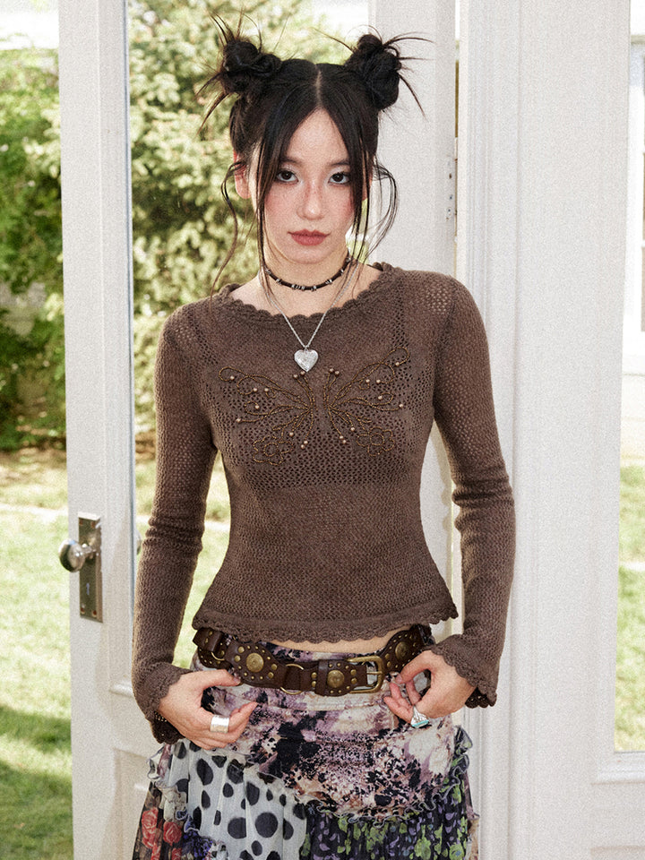 Butterfly Beaded Open-Knit Long Sleeve Top
