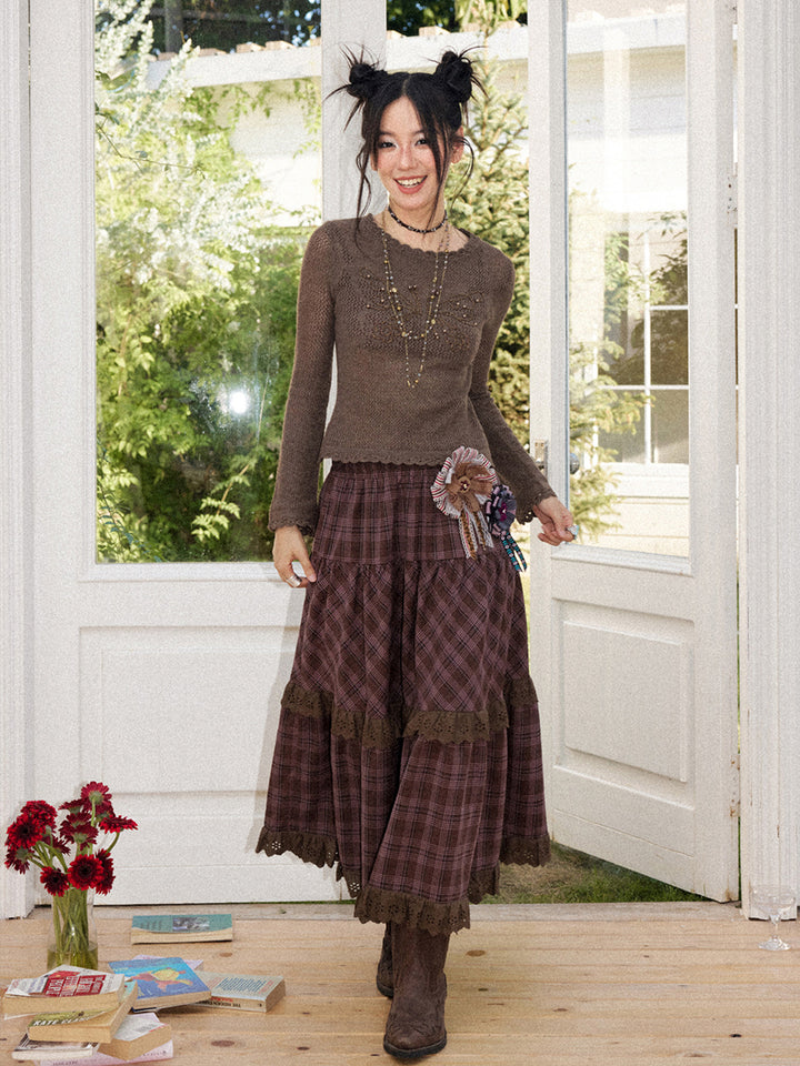 Butterfly Beaded Open-Knit Long Sleeve Top