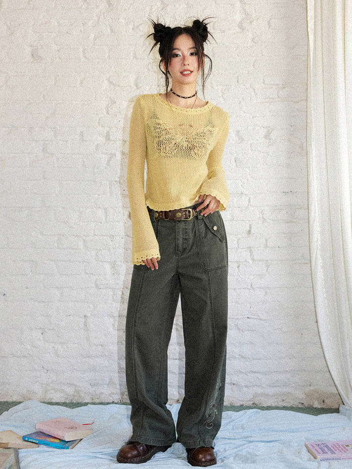 Butterfly Beaded Open-Knit Long Sleeve Top