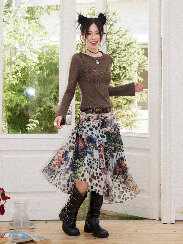 Butterfly Beaded Open-Knit Long Sleeve Top