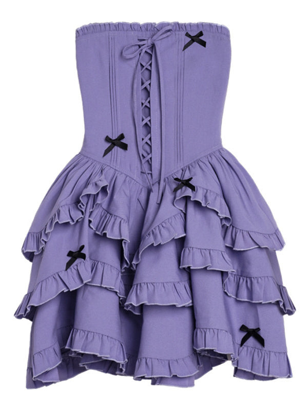 Bow-Trim Corset Ruffle Mini Dress