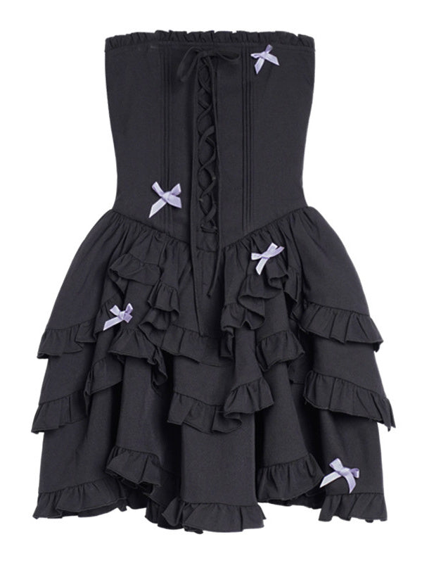 Bow-Trim Corset Ruffle Mini Dress
