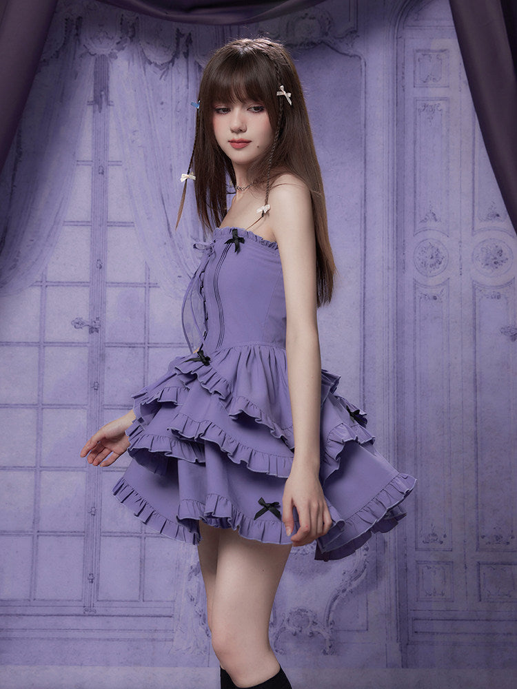 Bow-Trim Corset Ruffle Mini Dress