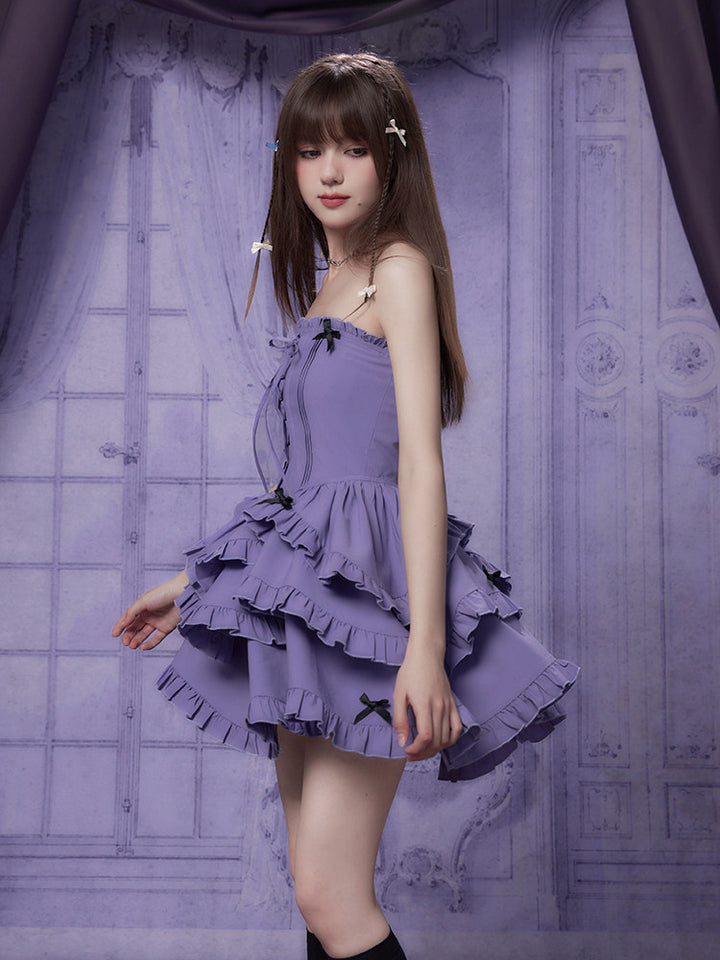 Bow-Trim Corset Ruffle Mini Dress