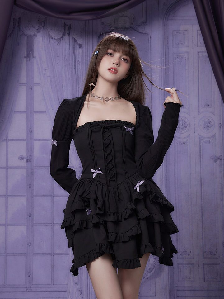 Bow-Trim Corset Ruffle Mini Dress