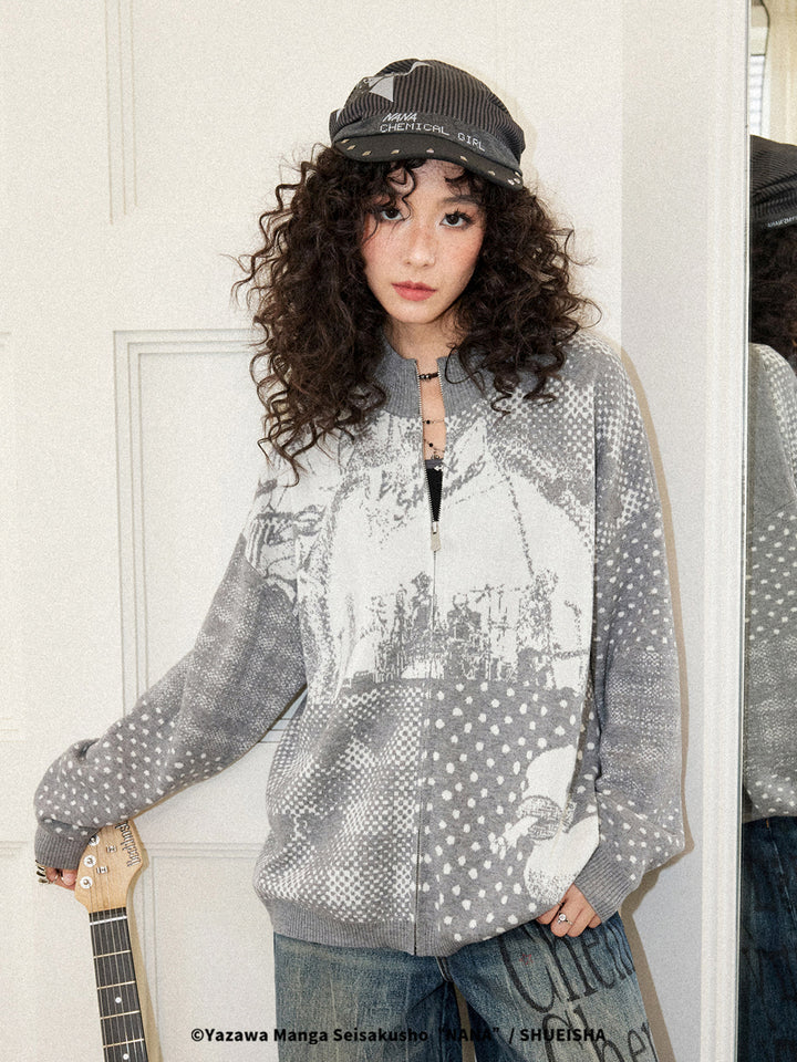 Graphic Collage Jacquard Zip-Up Knit Jacket