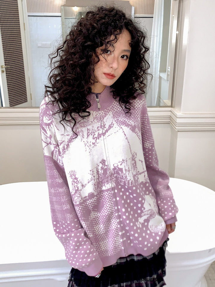 Graphic Collage Jacquard Zip-Up Knit Jacket