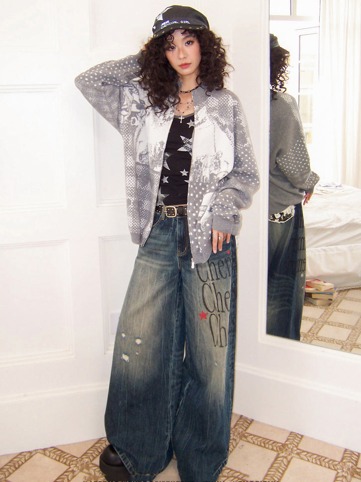 Graphic Collage Jacquard Zip-Up Knit Jacket