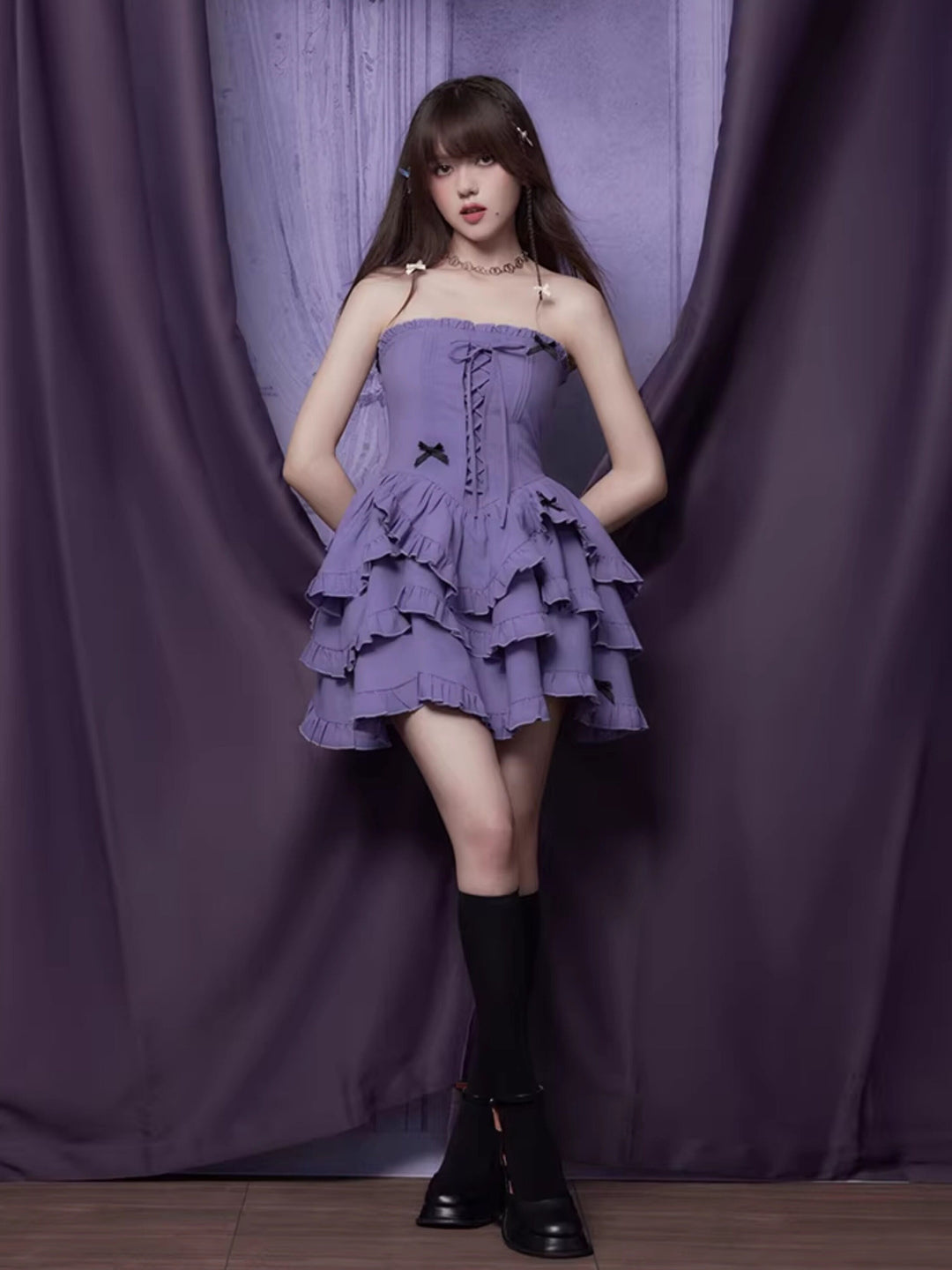 Bow-Trim Corset Ruffle Mini Dress