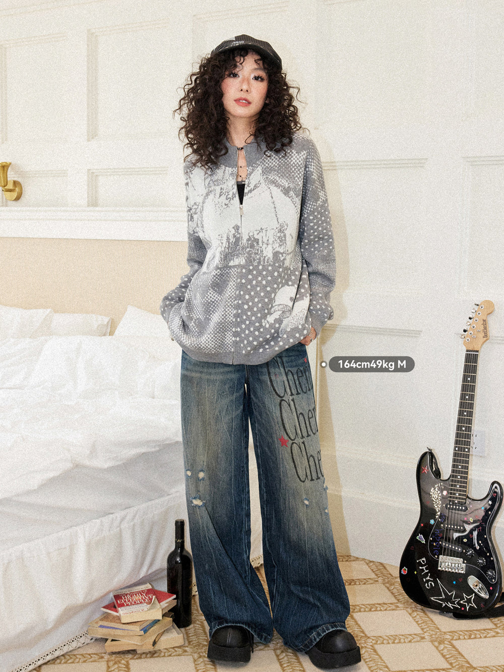 Graphic Collage Jacquard Zip-Up Knit Jacket