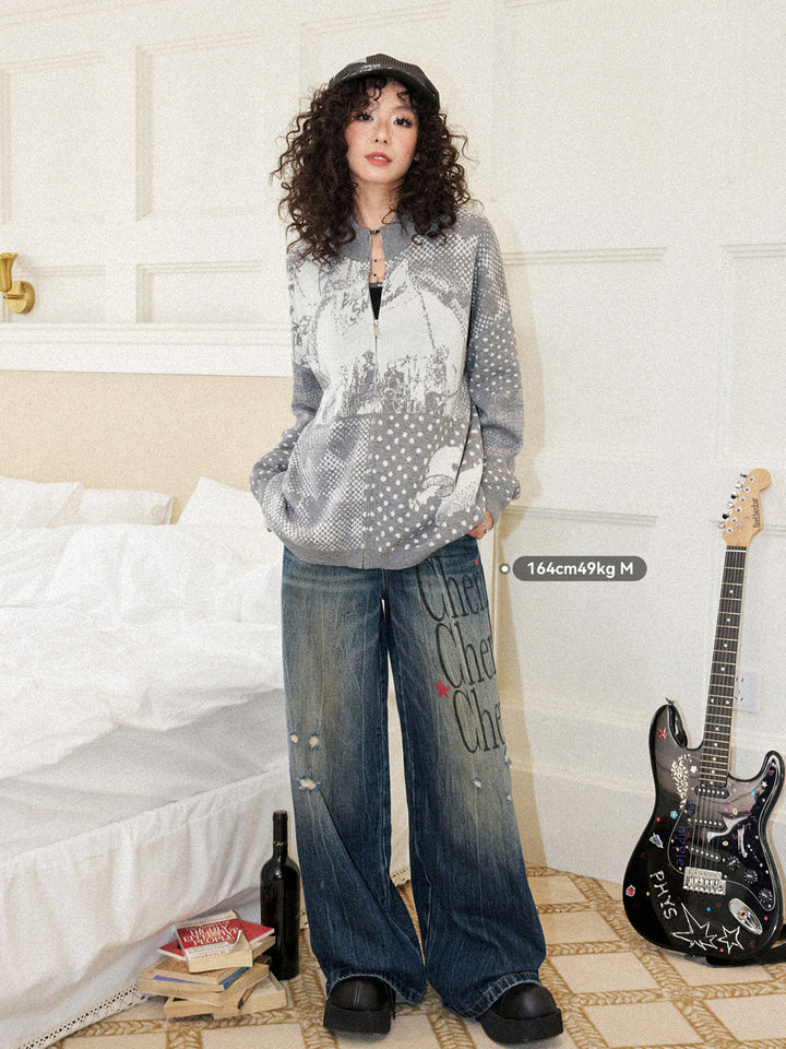 Graphic Collage Jacquard Zip-Up Knit Jacket