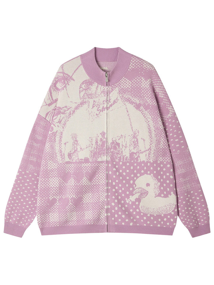 Graphic Collage Jacquard Zip-Up Knit Jacket
