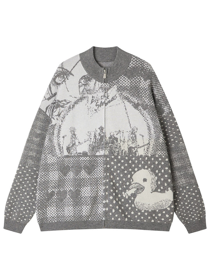 Graphic Collage Jacquard Zip-Up Knit Jacket