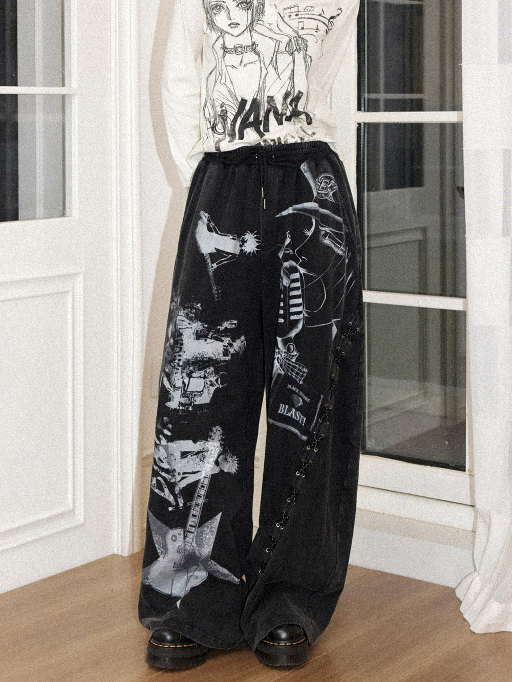 Rock Graphic Lace-Up Wide-Leg Pants