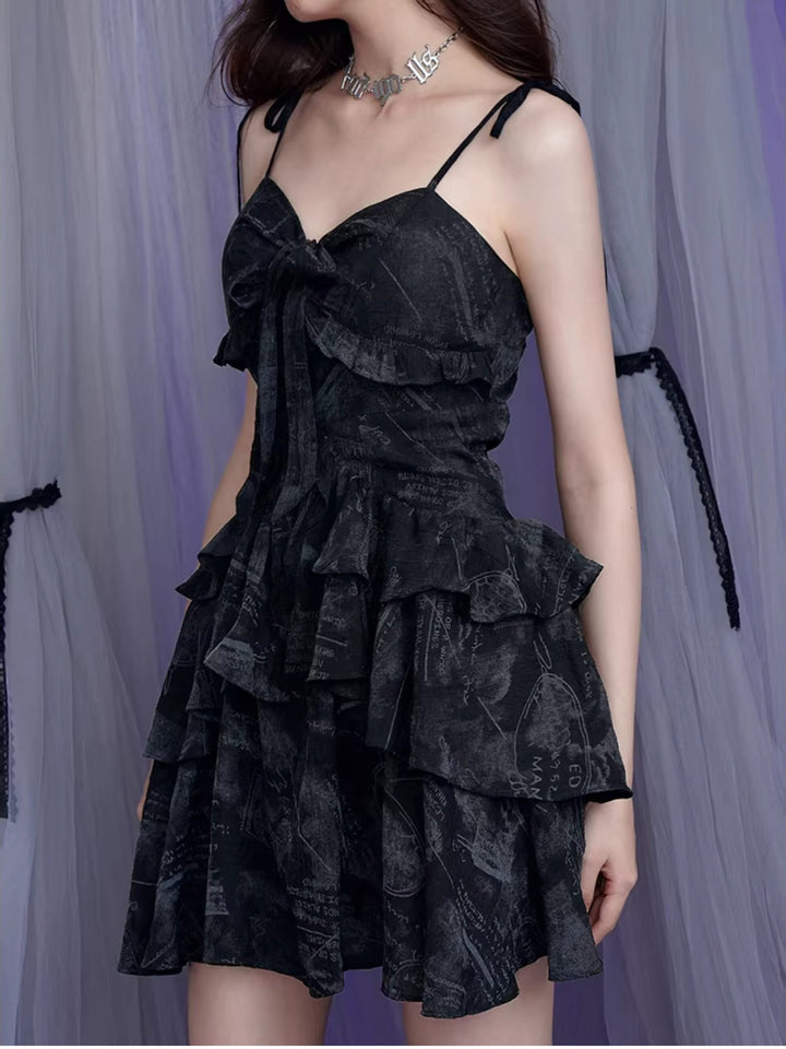 Scribble Print Bow Mini Dress
