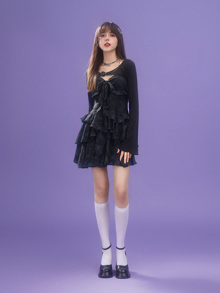 Scribble Print Bow Mini Dress