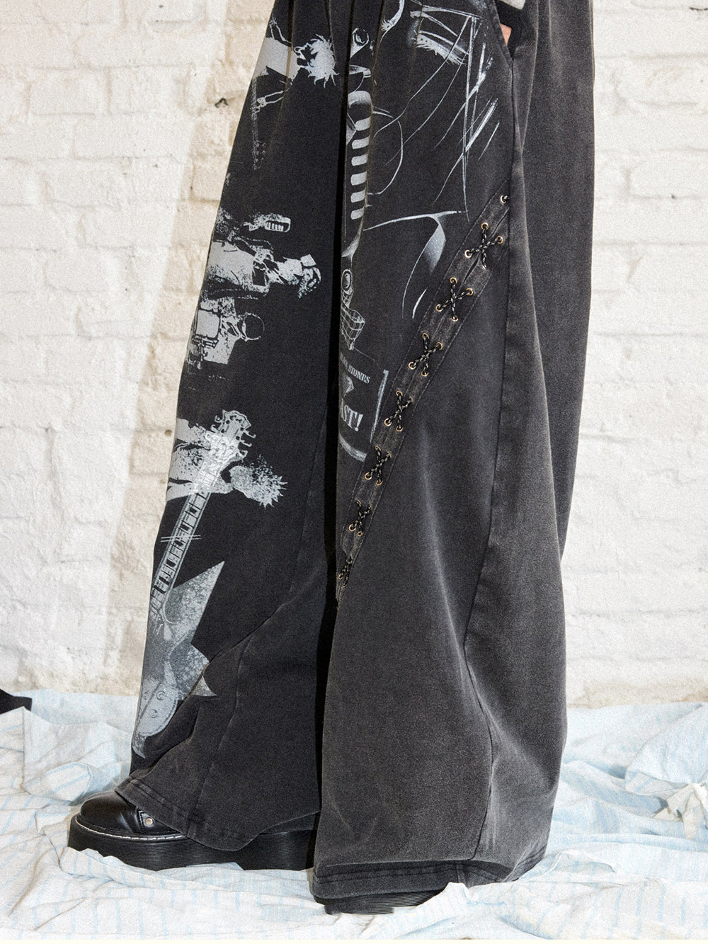 Rock Graphic Lace-Up Wide-Leg Pants