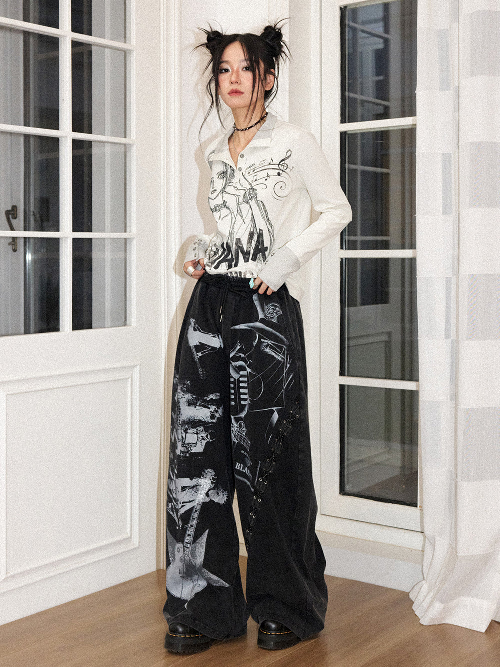 Rock Graphic Lace-Up Wide-Leg Pants