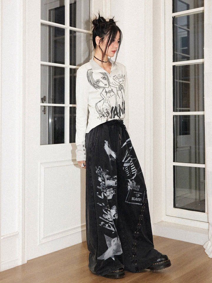 Rock Graphic Lace-Up Wide-Leg Pants