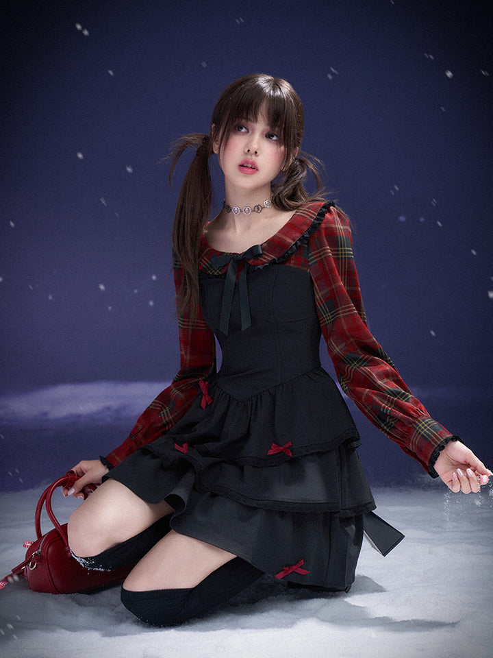 Plaid Bow Tiered Mini Dress