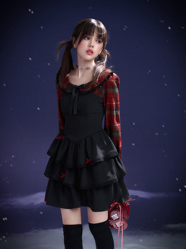 Plaid Bow Tiered Mini Dress