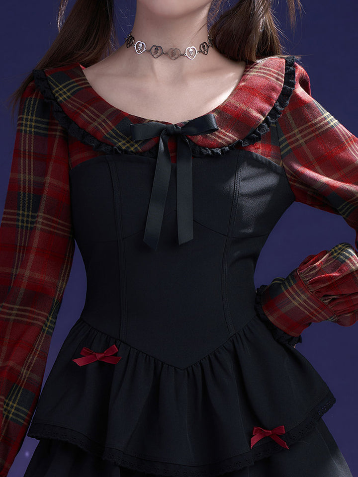 Plaid Bow Tiered Mini Dress