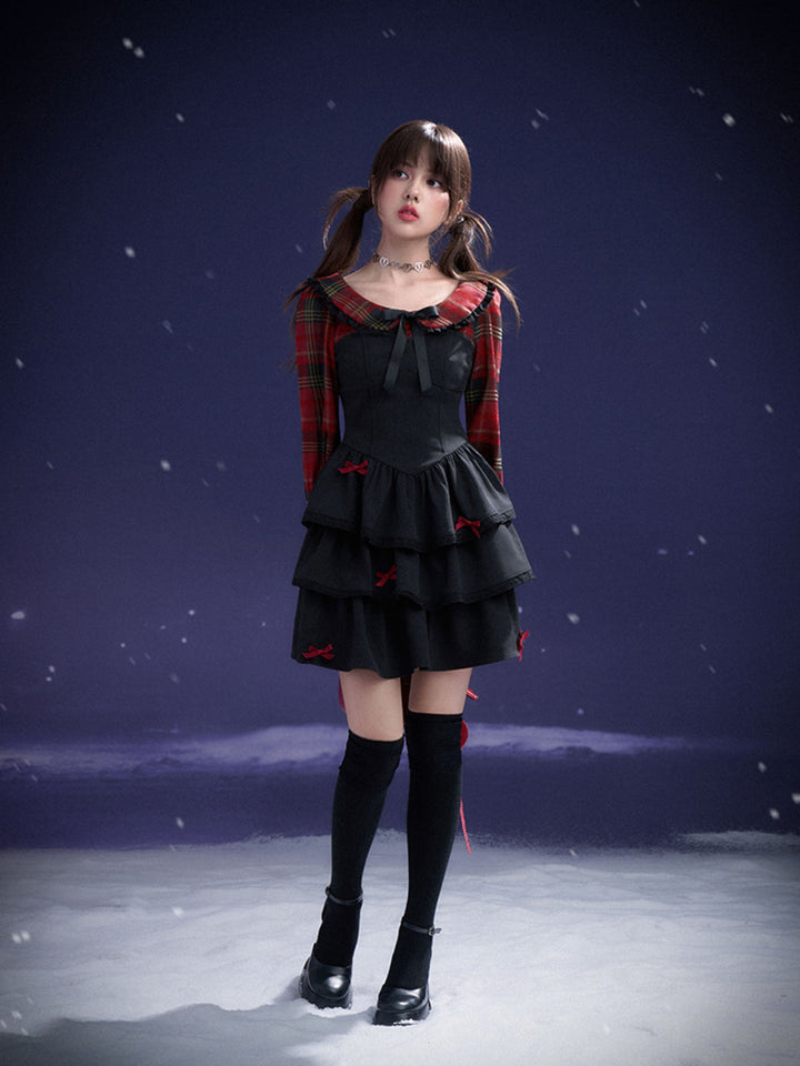 Plaid Bow Tiered Mini Dress