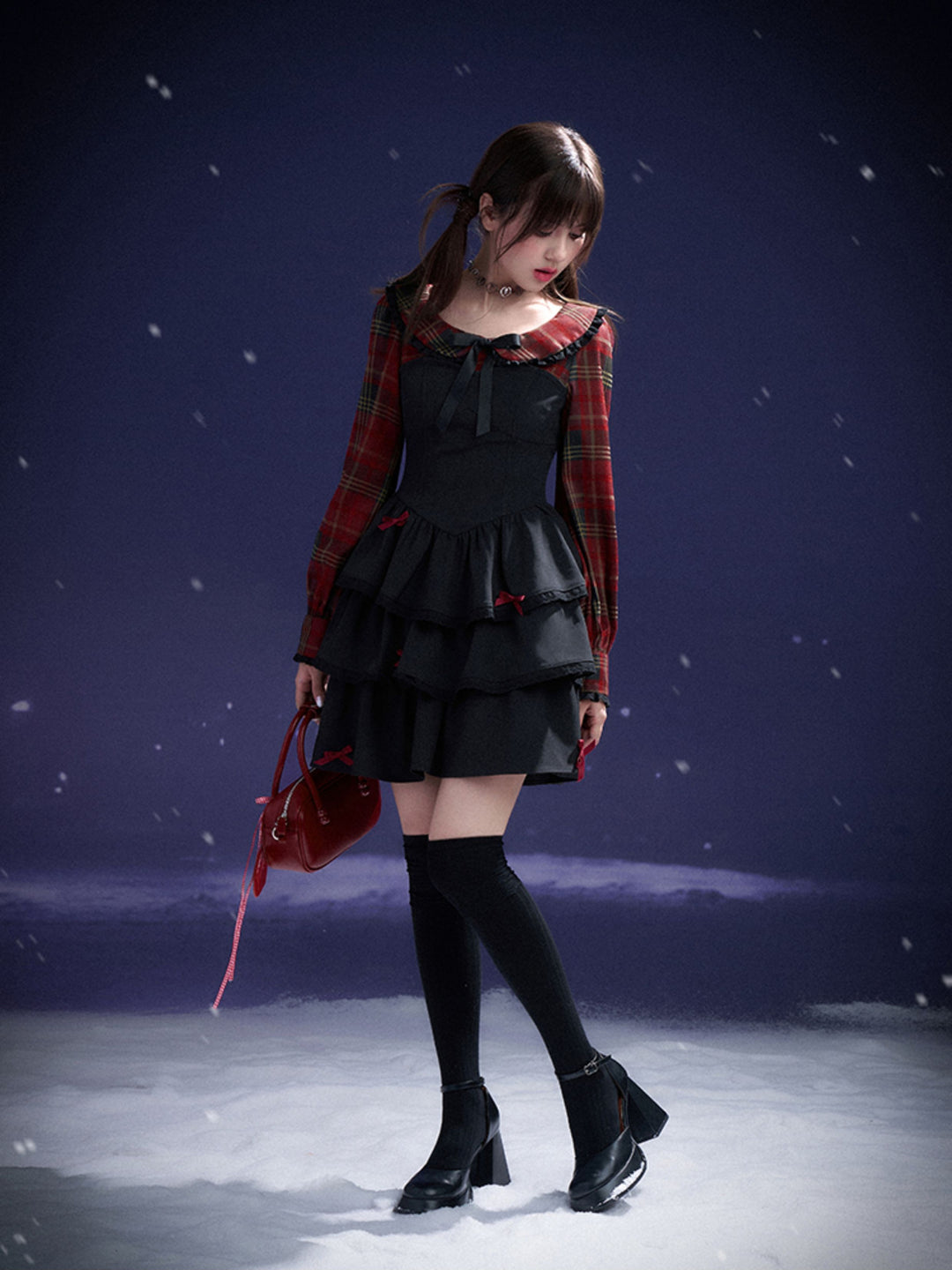 Plaid Bow Tiered Mini Dress