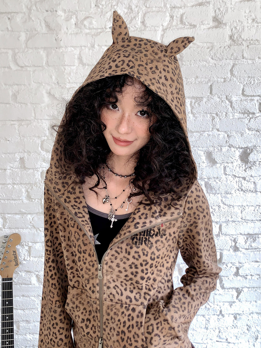 Leopard Print Cat Ear Zip Hoodie