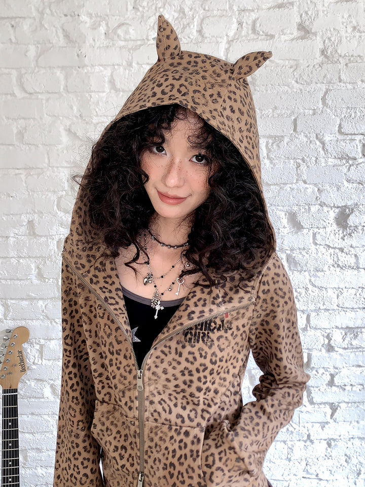 Leopard Print Cat Ear Zip Hoodie