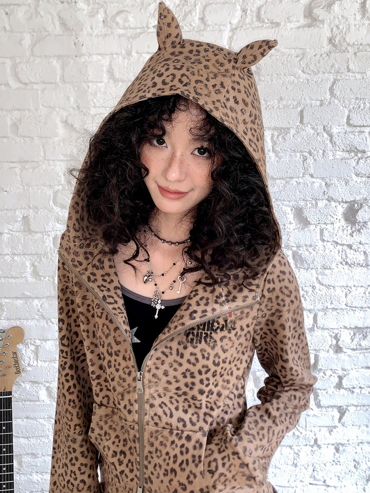 Leopard Print Cat Ear Zip Hoodie