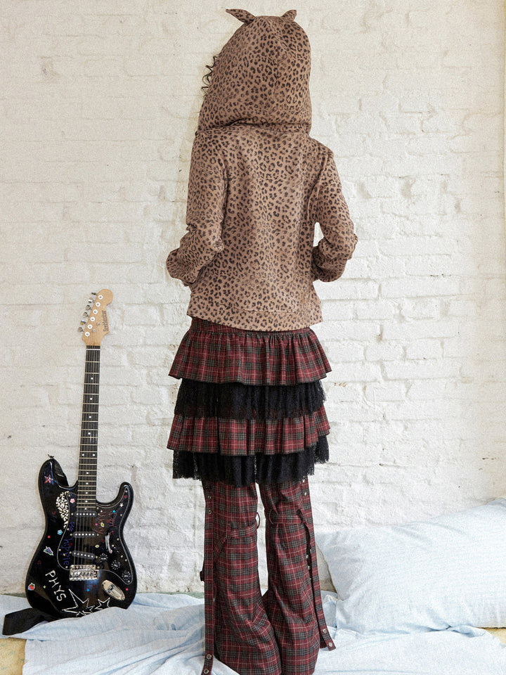 Leopard Print Cat Ear Zip Hoodie