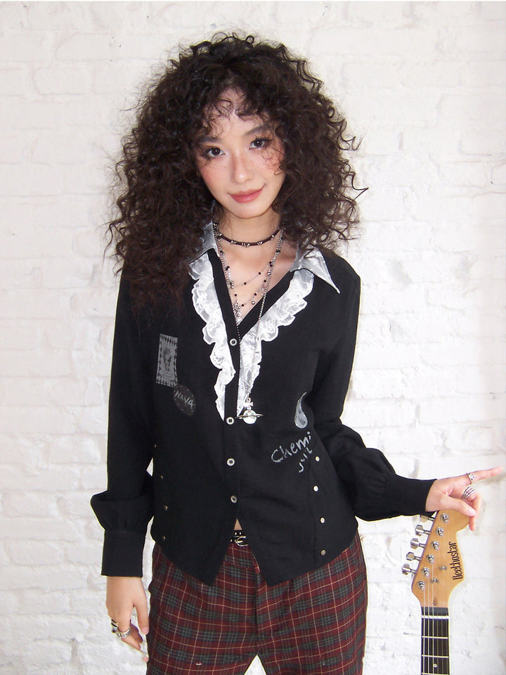 Punk Graphic Lace Ruffle Button-Up Blouse