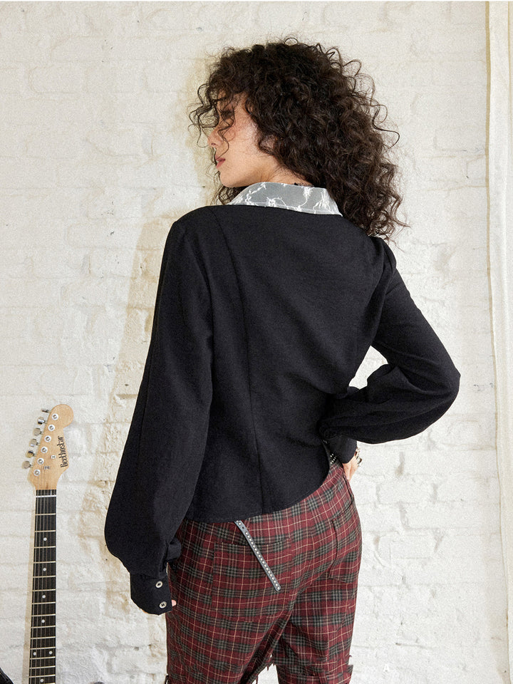 Punk Graphic Lace Ruffle Button-Up Blouse